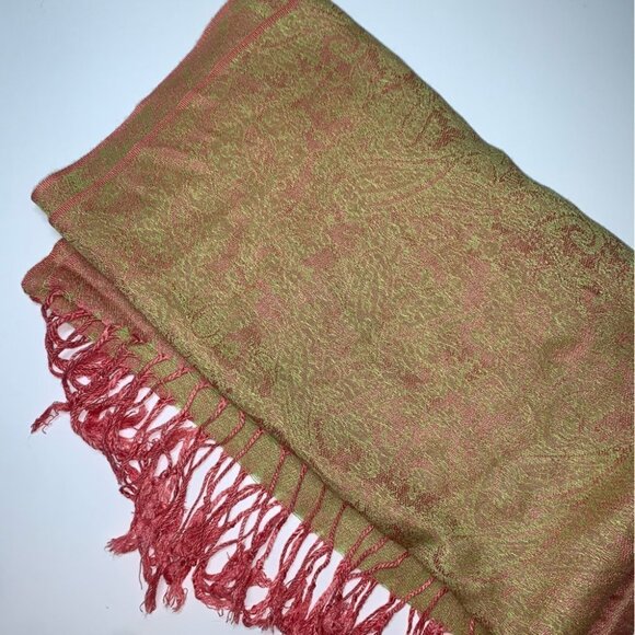 Pashmina Silk Scarf Coral Orange Gold Yellow Fringe Long‎ Lightweight - Picture 7 of 9